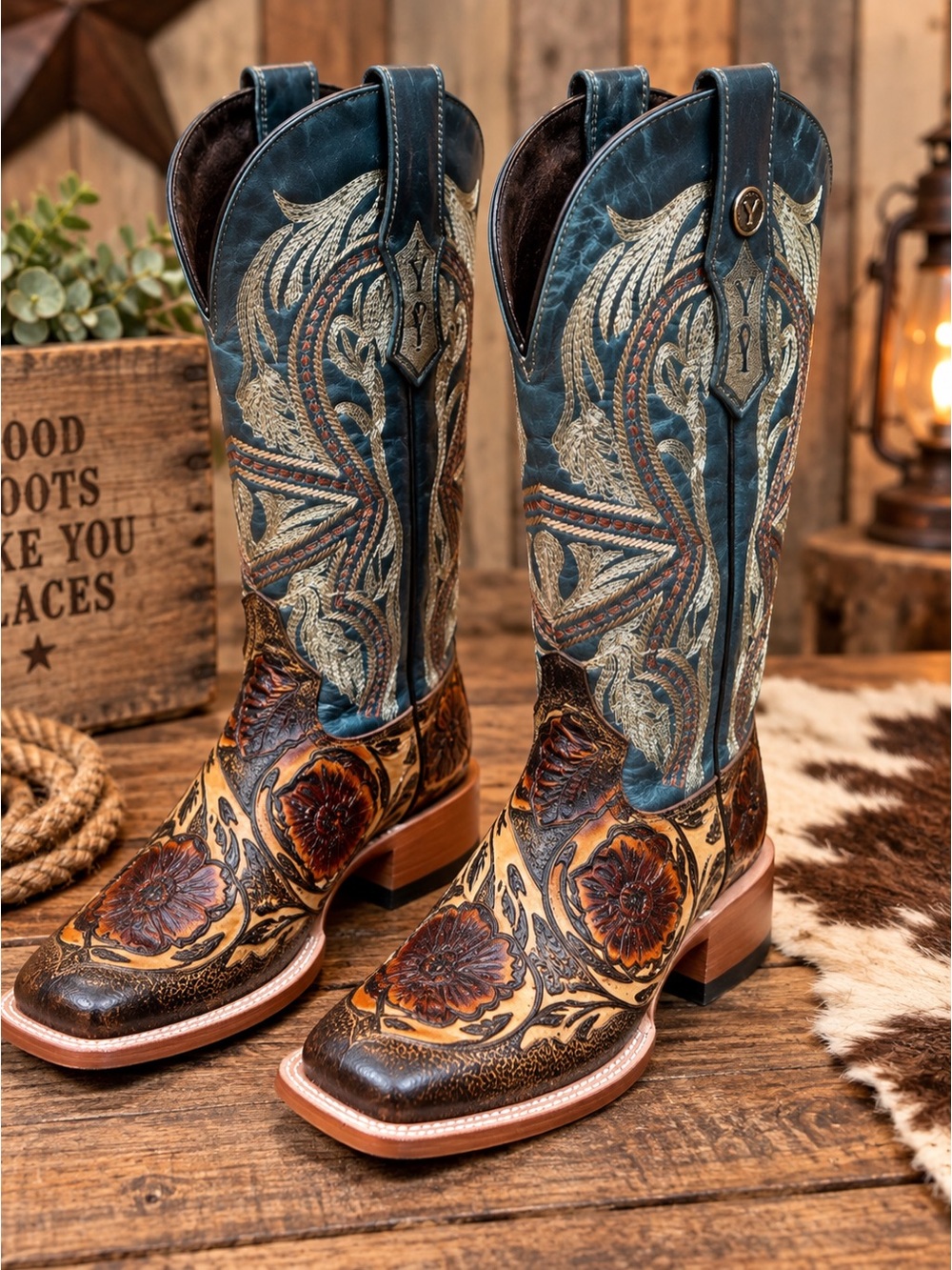 Tanner Mark Gorgeous EmbroideredWestern Cowboy Boots – Teal Blue & Tooled